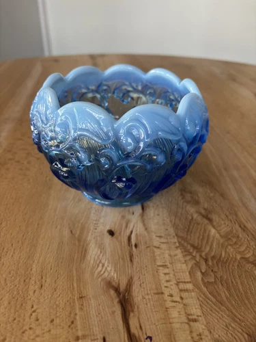 Vintage Fenton Lily of the Valley Blue Opalescent Rose Dish 5" x 3.5”- Dark Blue
