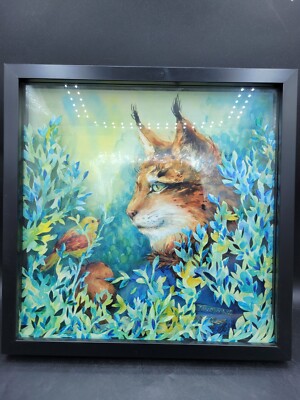 Framed 3D Original Watercolor Of Lynx Bobcat Wildcat Elena Berdnikova Two Wings