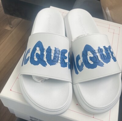 ❤️Mens ALEXANDER MCQUEEN White Blue Graffiti Pool Slides Italy 44 11 D US Buy Alexander McQueen Rubber Pool Slide  main image 2