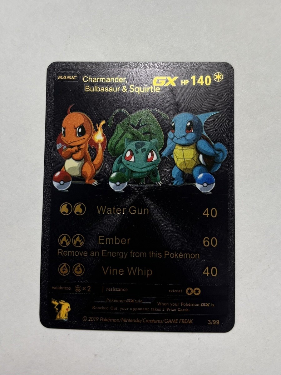Charmander Squirtle Bulbasaur GX HP 140 Black Foil Fan Art Display Card 3/99 NM Charmander Squirtle Bulbasaur GX HP 140 Black Foil Fan Art Display Card 3/99 NM