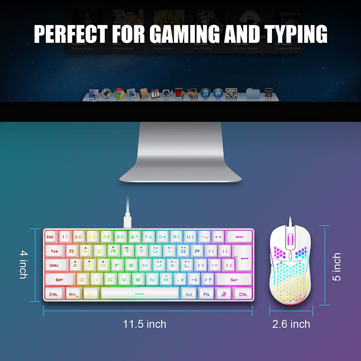 Tastiera Wireless Gaming Mouse Bianco RedThunder 60% RGB, Set Di Tastiera E Mouse Da Gioco, 7200 DPI, Mini Tastiera Da Gioco, 62 Tastiere, Layout Tedesco, Ultraleggero Con Struttura A Nido D'ape Per