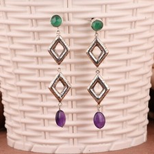 Natural Amethyst & Green Onyx 925 Silver Hoop Earrings Birthstone Women Jewelry