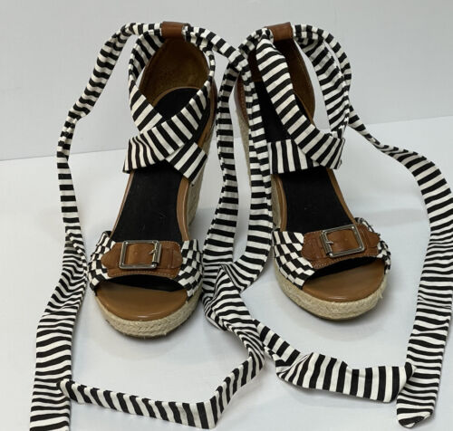 Tommy Hilfiger Sz9 LaceUp Wedge “Francine”Black/White Stripe Espadrille Sandals - Picture 2 of 12