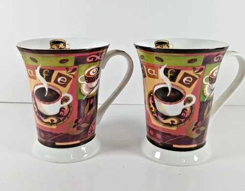 Pimpernel Porcelain Cafe Coffee Mug Set of 2 Colorful Vintage Cups Kitchenware