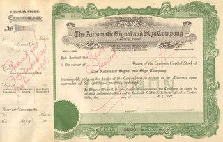 Automatic Signal Sign 192_ Canton Ohio Unissued old stock certificate