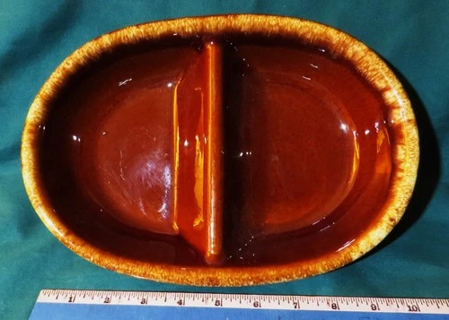 Vintage Hull Pottery Divided Serving Bowl Dish Oven Proof USA Brown Drip Glaze