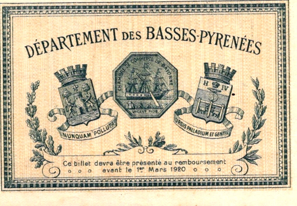 France 1 Franc 1915 Chamber of Commerce of Bayonne " RARE " AU-UNC - Image 2 of 3