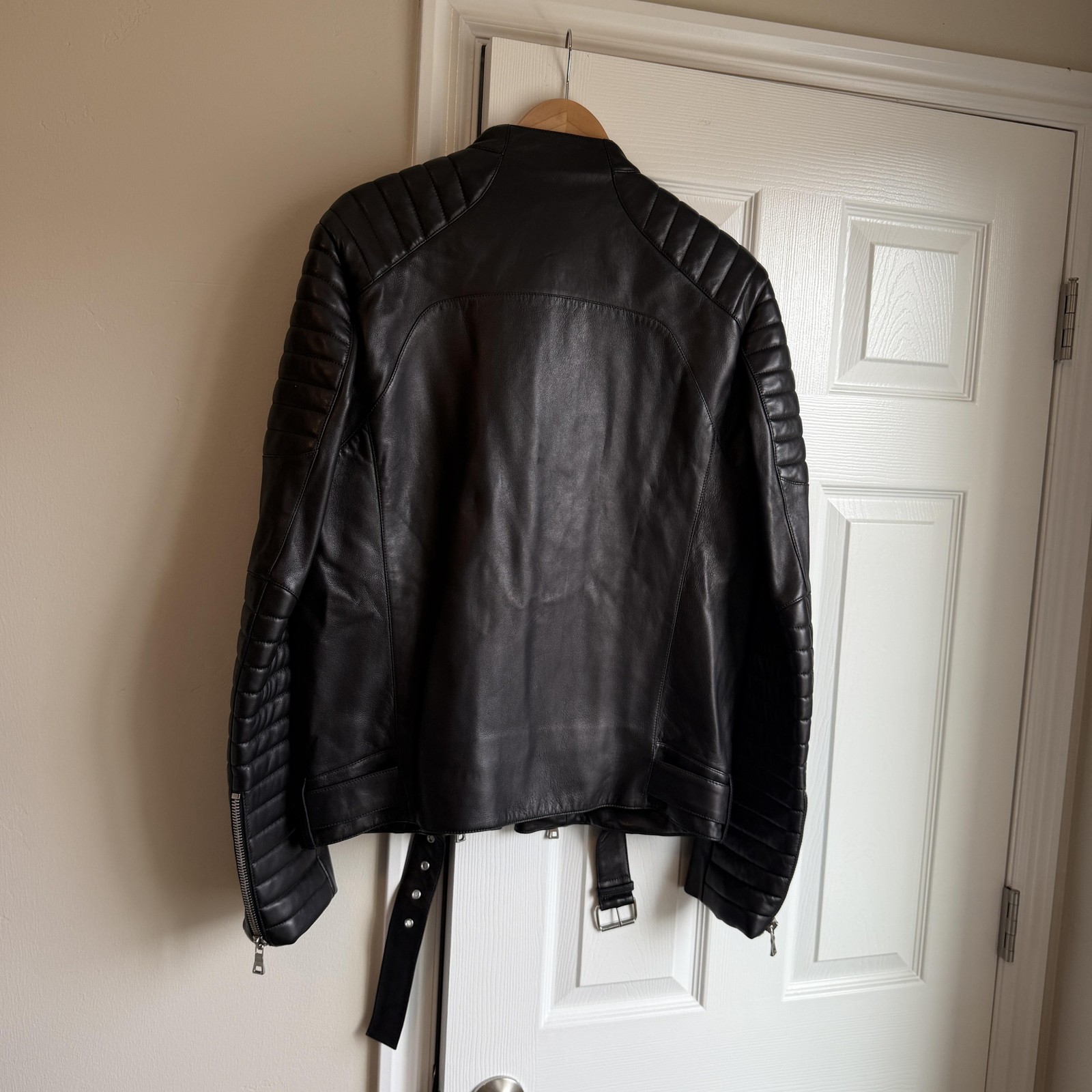 Balmain Jacket Mens 50 Black Leather Biker Quilted Moto Belted Made Italy image 3