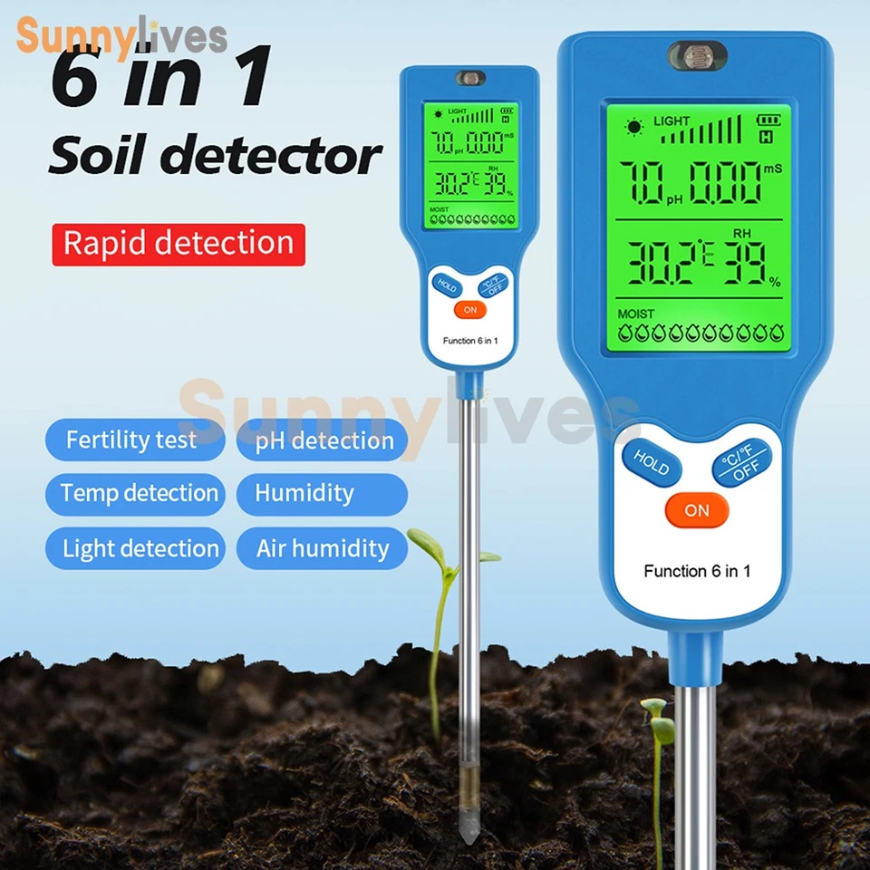 6in1 Digital PH Soil Tester Sunlight Moisture Fertility Temp Humidity Test Meter - Image 2 of 4