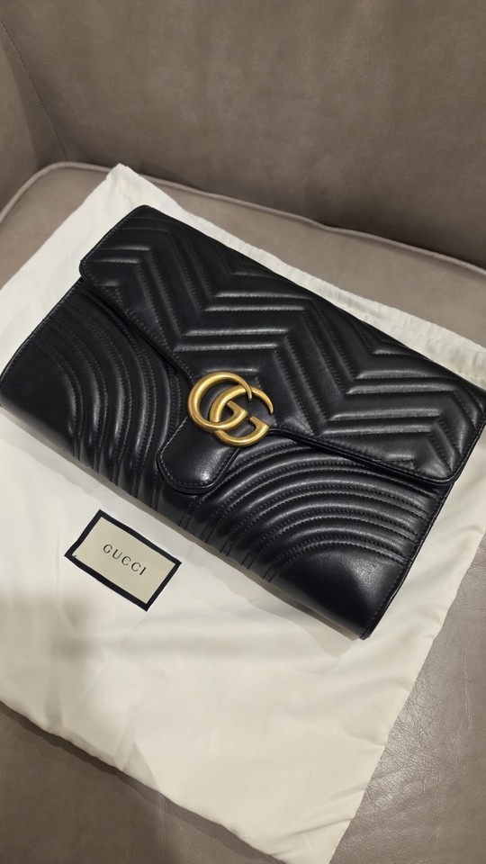 Gucci GG Marmont Black Matelasse Quilted Leather Clutch Gold HW Dust Bag
