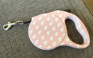 Pink & White Heart Print Retractable Dog Leash Size S Plastic w/ Metal Clip