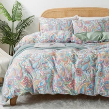 Pink Green Duvet Cover Set King Size 100% Percale Cotton Paisley Comforter