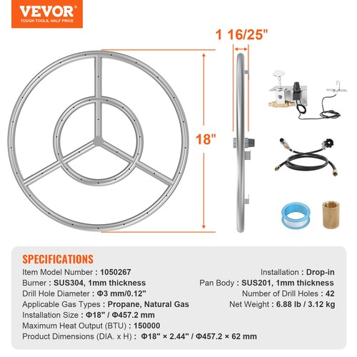 VEVOR 18 inch Round Drop-in Fire Pit Pan Stainless Steel Fire Pit Burner Kit - Picture 7 of 12