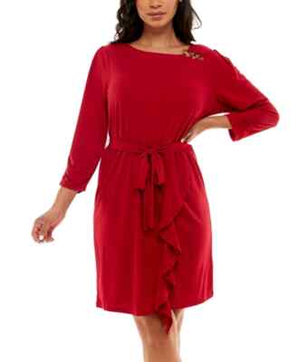 Adrienne Vittadini Women's Size L Red 3/4 Sleeve With Asymmetrical Flounce  Dress