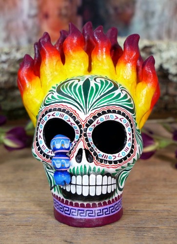 Flammendes Haar Sugar Skull & Insect Tag der Toten Ton Handarbeit mexikanische Volkskunst