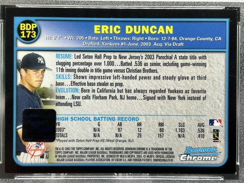2003 Bowman Chrome Draft Picks Eric Duncan PSA 9 MINT NY Yankees Auto RC #173 - 第 4/4 張圖片
