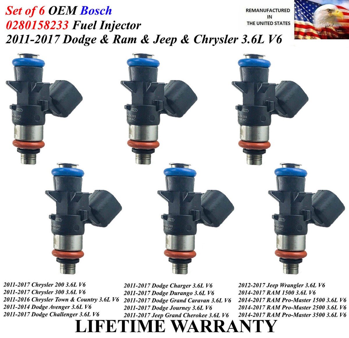 Set of 6 Bosch Genuine Fuel Injector For 2012-2017 Jeep Wrangler