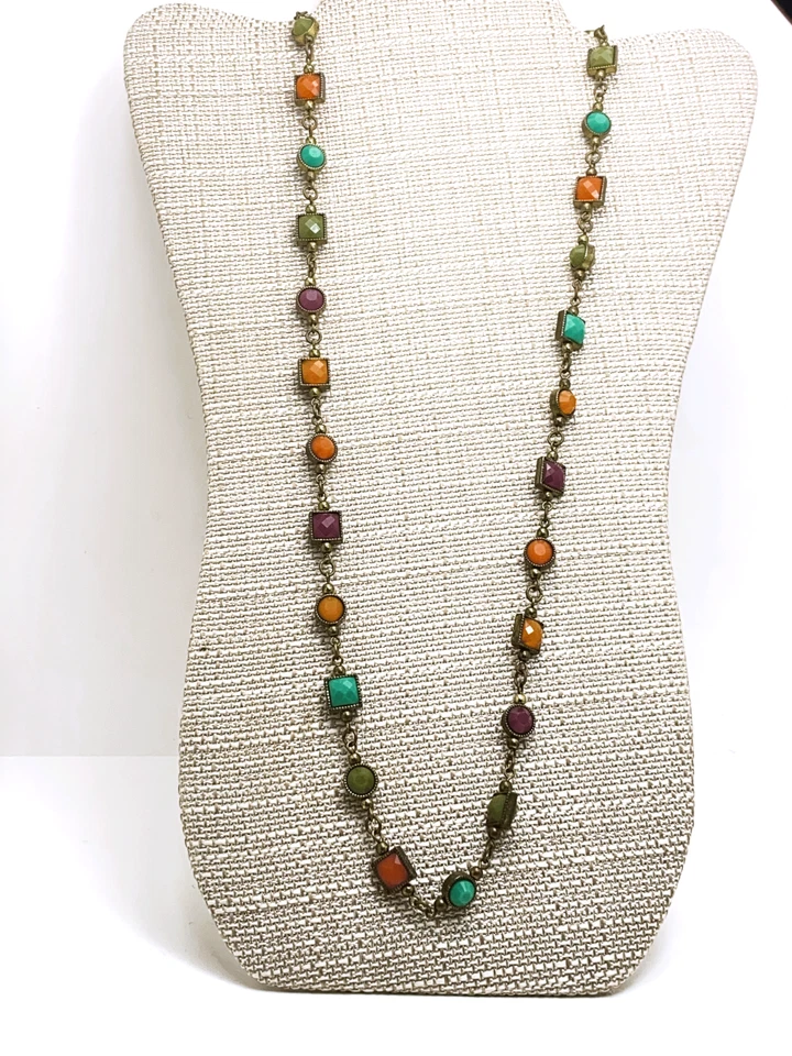 Collar Premier Designs 34" Tono Joya Bronce Púrpura Verde Naranja Bisel Cuentas Foto 3 de 4