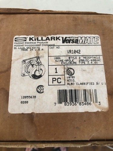 Killark/Hubbell VR1042 100 amp Style 2 Receptacle 3 Wire/4 Pole 250VDC/600VAC