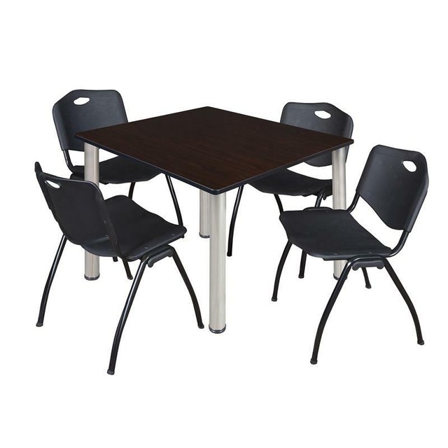 Kee 48 Square Breakroom Table Mocha Walnut Chrome 4 M Stack Chairs Black