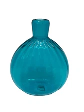 Art Glass Flask Ribbed Aqua Bottle Hand Blown Pontil Mark 5.75" Tall Vintage