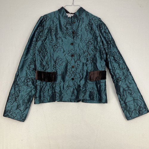 Cydney Mar Teal Iridescent Crinkle Jacket Brown Velvet Trim NWT Large 90s