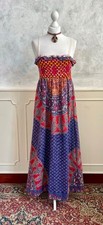 Vintage 1970's Blue Red Indian Thick Cotton Smocked Lace Strap Maxi Dress 10/12
