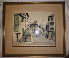 Impresión en acuarela vintage Herbelot Paris Rue Norvins Paris firmada enmarcada limitada