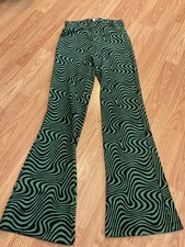 Urban Outfitters Flare Pants /Black Green Wavy Pattern Sz.M. 26"waist 33"L