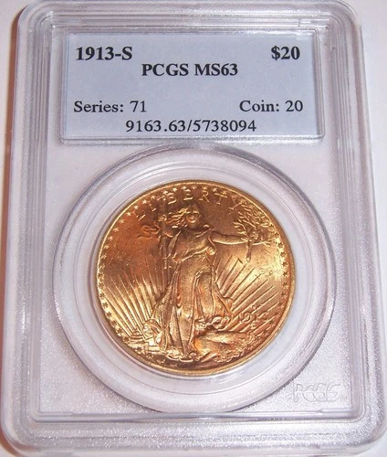 1913-S $20 San Francisco St Gaudens Double Eagle PCGS MS63!!! Only 34,000 Minted
