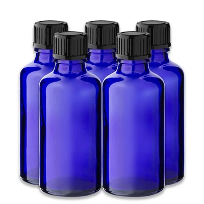 MARKENLOS 5x Blaue Glasflasche 50 ml mit schwarzem Kunststoff-Schraubverschluss