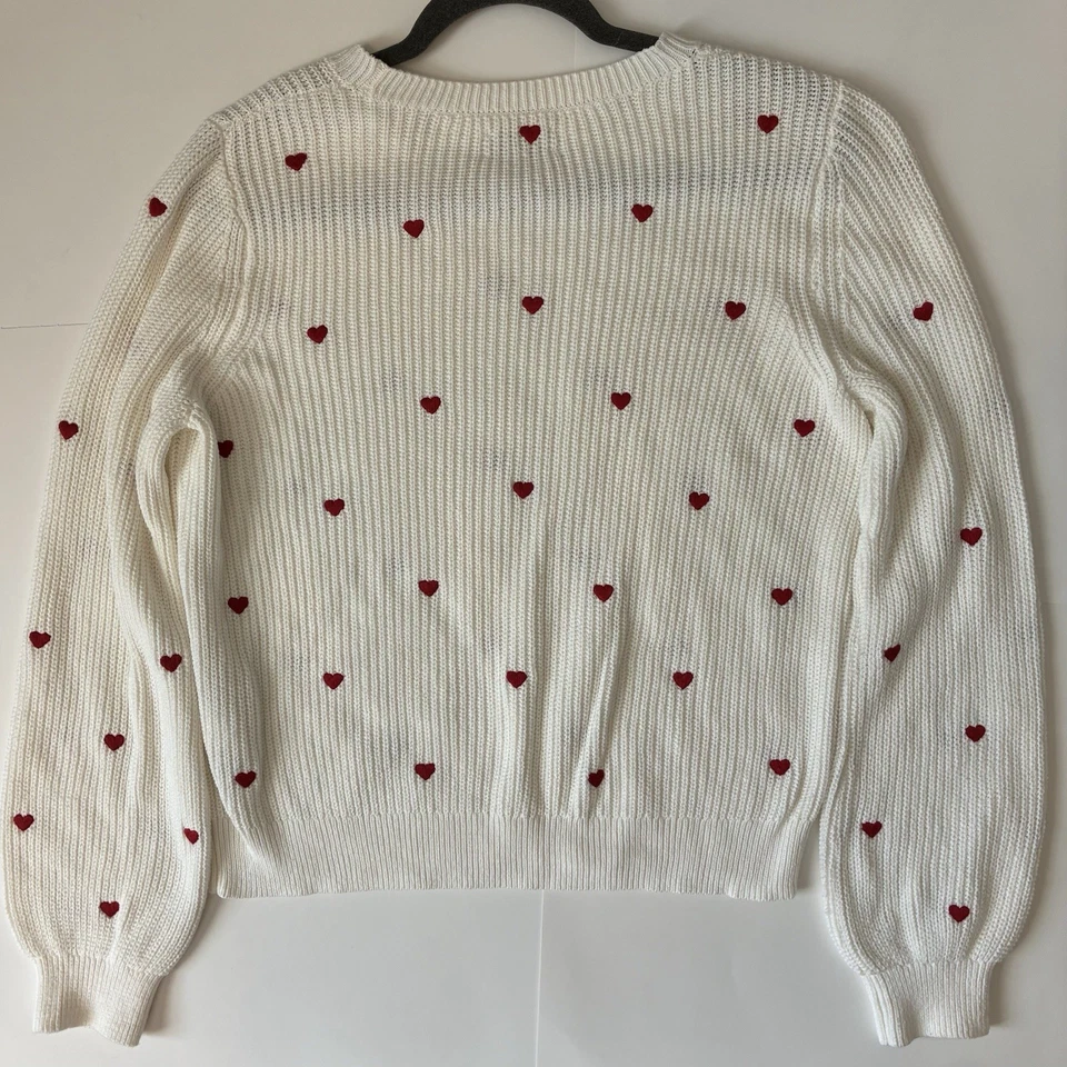 Lucky Brand Womens Ribbed Knitted White Sweater W/ Red Hearts Embroidered Medium - Image 4 of 4