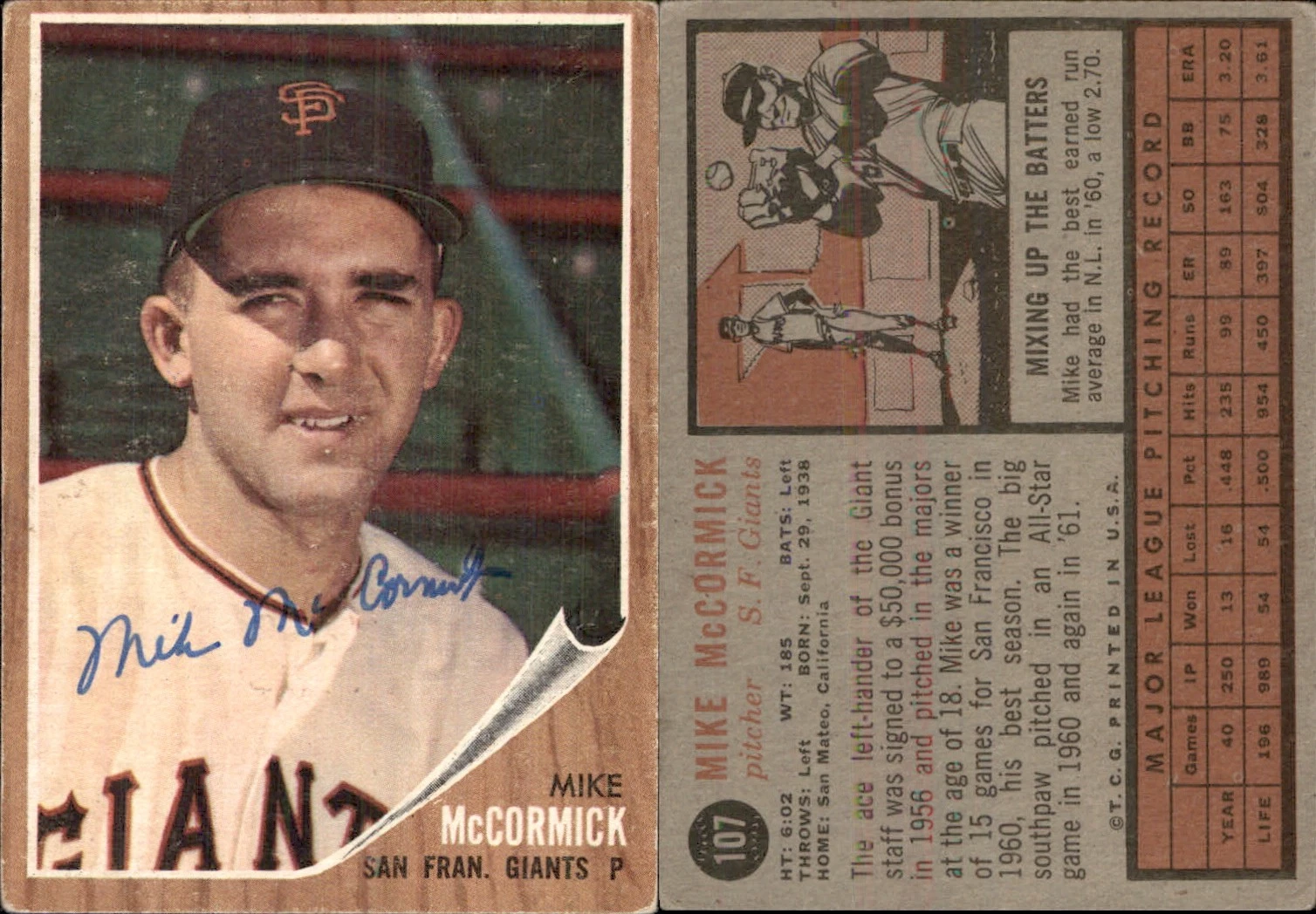 Mike McCormick Signed 1962 Topps #107 Card San Francisco Giants Auto AU