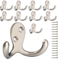 Ibosins 10 Pack Heavy Duty Double Prong Coat Hooks Wall Mounted with 20 Screws R