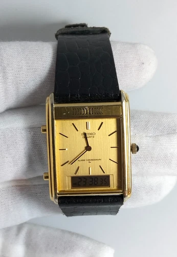Vintage 1980s Seiko H249-5040 Ana-Digi Tank Alarm Chronograph Gold Japan Working