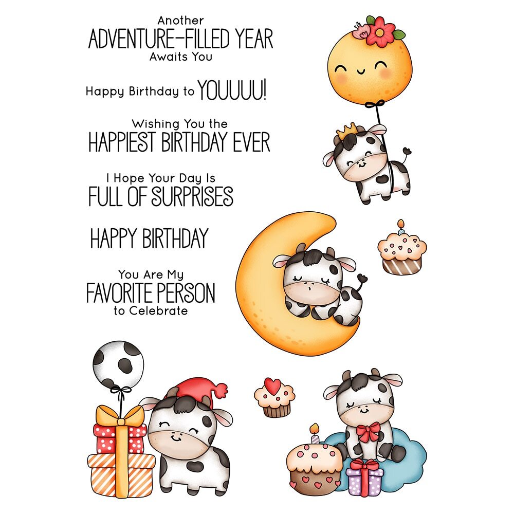 Happy Birthday Cows Moon Gift Cake Balloon Metal Cutting Dies Clear Stamps