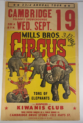 1962 Mills Bros Circus Cambridge Massachusetts Felder's Window Card ~ 22''x14'' WC