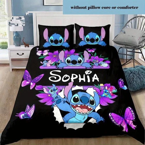 Personalized Cute Stitch With Purple Butterfly Merry Christmas Bedding Set