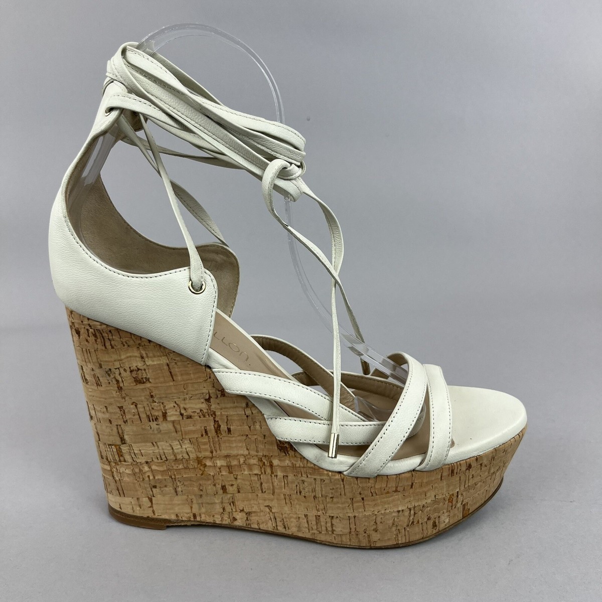Tamara Mellon Off White Tied Slingback Open Toe Wedge Heels Sandals Shoes  38 UK5