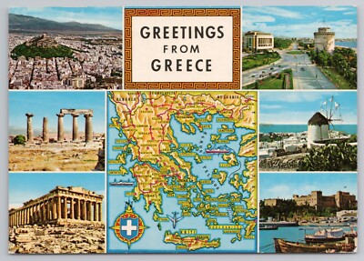 Greetings From Greece Map Landmark c1960s Postcard