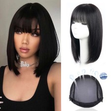 Short Bob Wig with Bangs Real Human Hair Wig Neat Straight Wig Cap Wig for Women