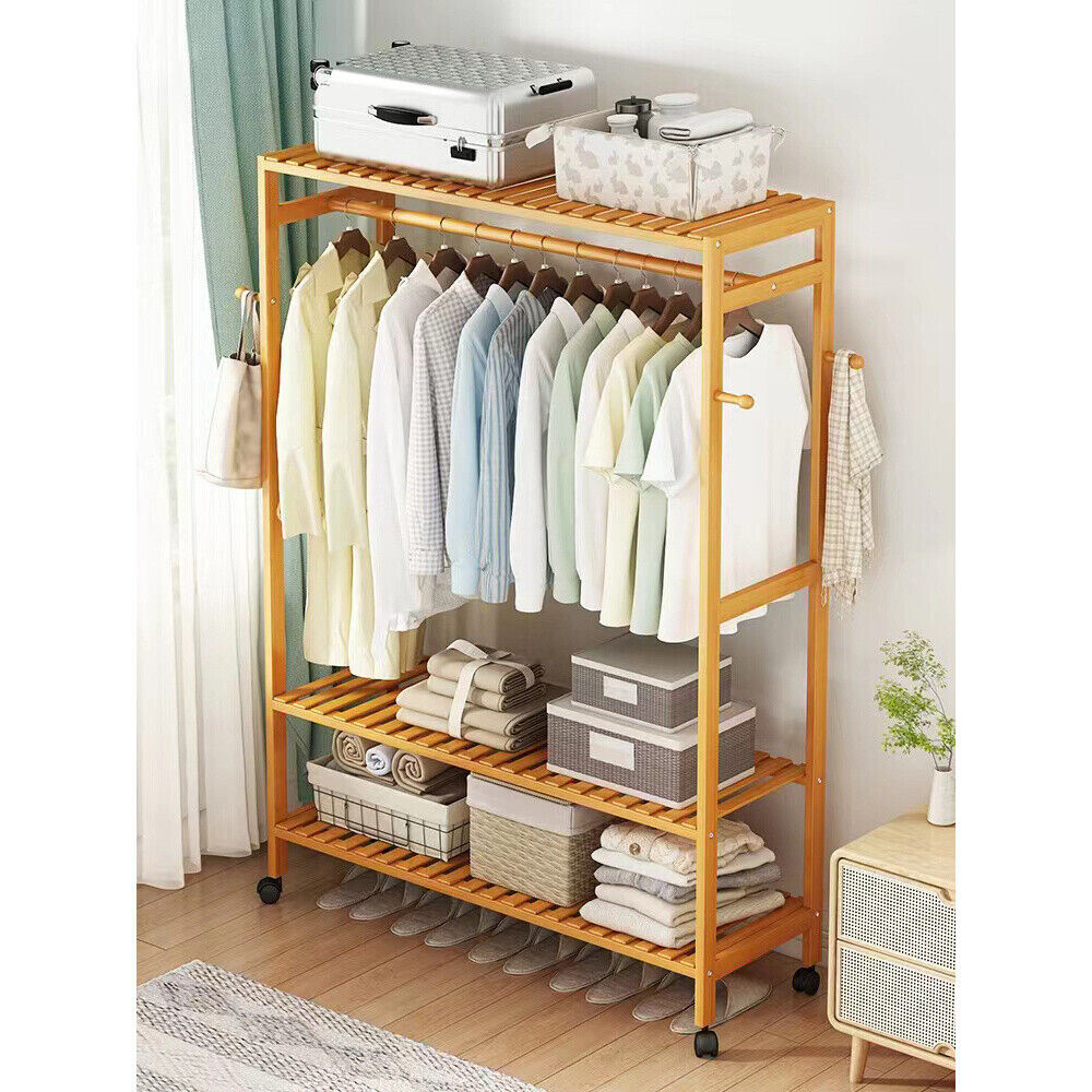 Heavy Duty Wooden Clothes Rail Rack Garment Hanging Stand Corner