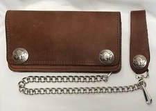 Brown Leather Trucker Wallet Buffalo Nickel Snaps with 12" Chain MADE IN USA