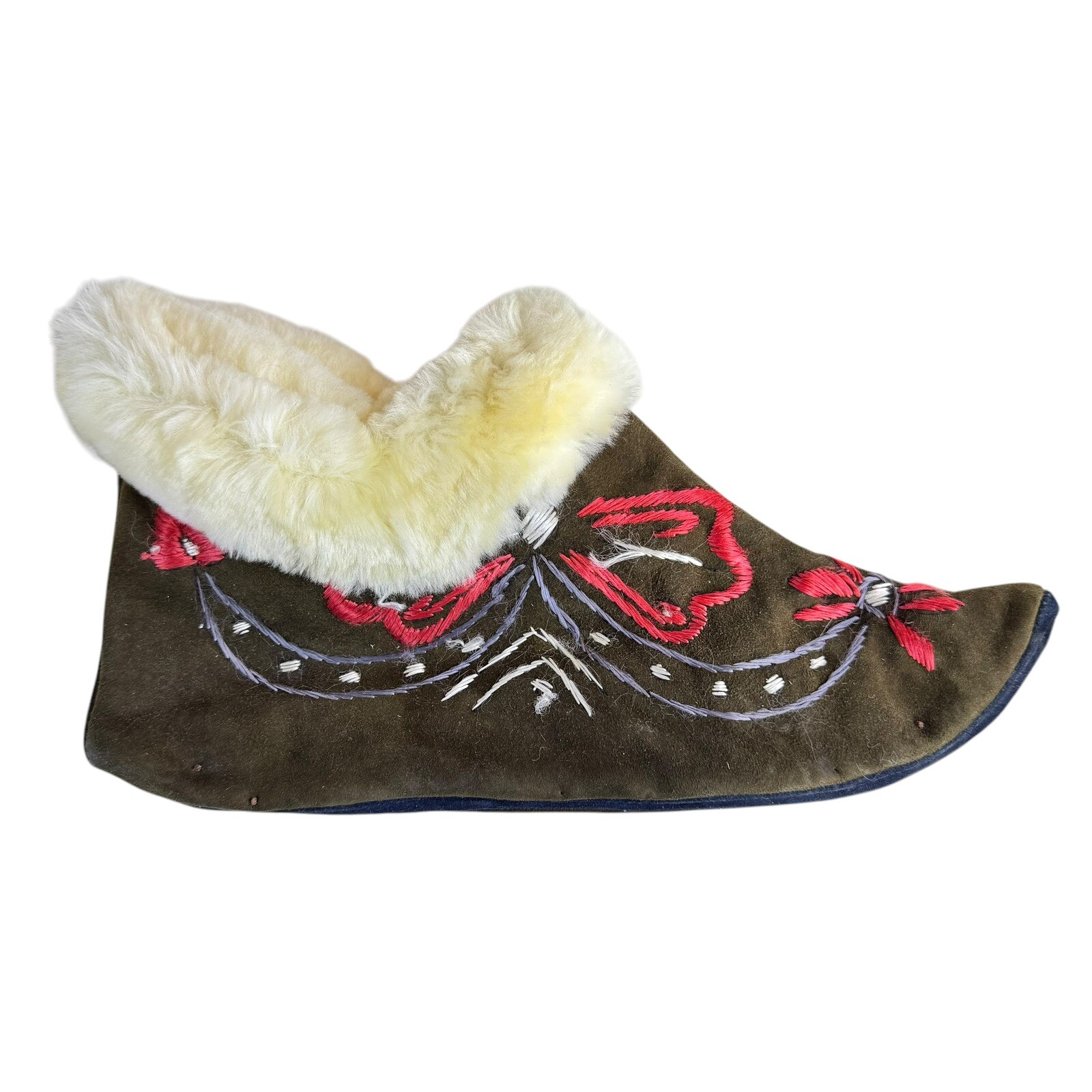 Pixie Brown Fur Lined Suede Embroidered Slippers … - image 1