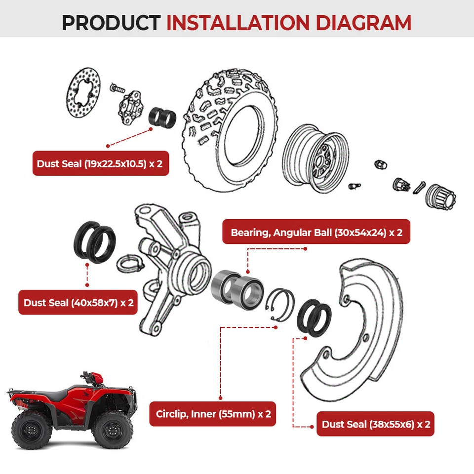Rodamientos y sellos de rueda delantera para Honda Foreman 500 TRX500FE 2005-2013/FM/FPE/FPM Foto 3 de 4