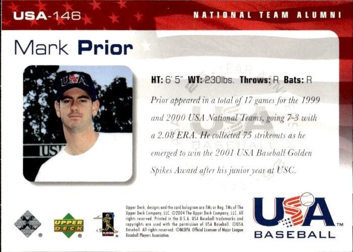 Mark Prior 2004 Upper Deck #USA-146 USA - Image 2 of 2