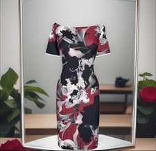 New Next Size 10 Black,Berry Multi Floral Bardot Bodycon Dress Evening