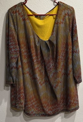 Jennifer Lopez Plus 2X Multicolor Blouse Geometric Pattern V Neck Lined Sheer
