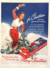 1940 Chesterfield Cigarettes Woman Skiing Christmas Vintage Print Ad Attractive