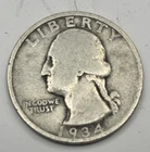 1934 Washington Quarter 90% Silver Circulated No Mint Mark Philadelphia US Coin